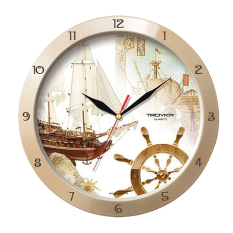 Часы настенные TROYKA 11135172, круг, бежевые с рисунком "Парусник", бежевая рамка, 29х29х3,5 см