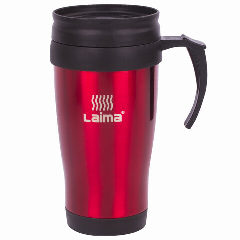 Термокружка LAIMA, 400 мл, нержавеющая сталь, пластиковая ручка, красная, 605127