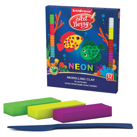 Пластилин классический ERICH KRAUSE "Artberry Neon", 12 цветов, 216 г, со стеком, картонная упаковка, 41767