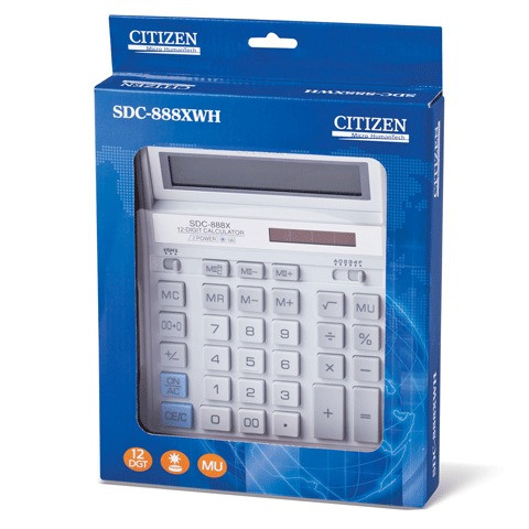 Калькулятор настольный CITIZEN SDC-888ХWH (203х158 мм), 12 разрядов, двойное питание, СЕРЫЙ, SDC-888 X