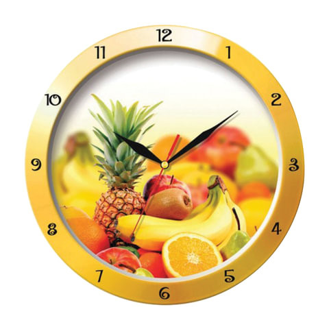 Часы настенные TROYKA 11150157, круг, белые с рисунком "Фрукты", желтая рамка, 29х29х3,5 см