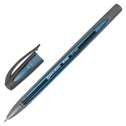 Ручка шариковая масляная BRAUBERG "BOMB GT Metallic", СИНЯЯ, прорезиненный корпус ассорти, узел 0,7 мм, линия письма 0,35 мм, 143348