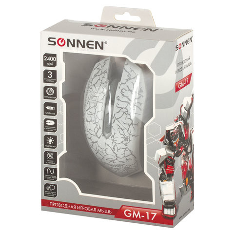 Мышь проводная игровая SONNEN GM-17, USB, 2400 dpi, 6 кнопок, оптическая, LED-подсветка, белая, 512639