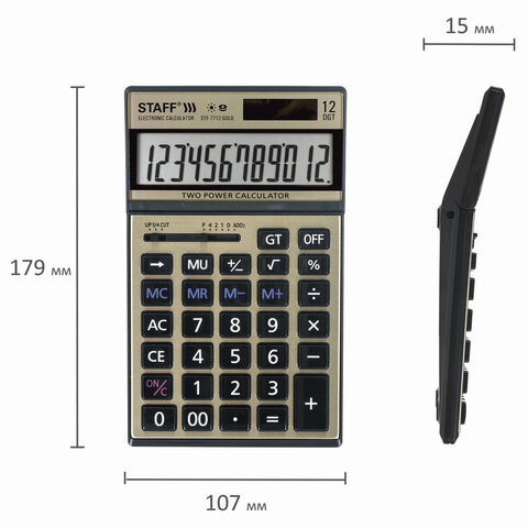 Калькулятор настольный металлический STAFF STF-7712-GOLD (179х107 мм), 12 разрядов, двойное питание, блистер, 250306