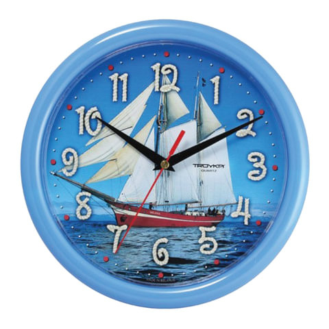 Часы настенные TROYKA 21241250, круг, голубые с рисунком "Парусник", голубая рамка, 24,5х24,5х3,1 см