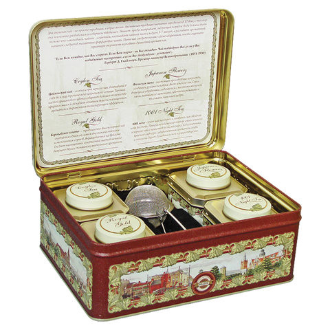 Чай HILLTOP «Английская шкатулка», 4 чайницы с коллекцией чаев и заварная ложка-ситечко, 200 г, F501