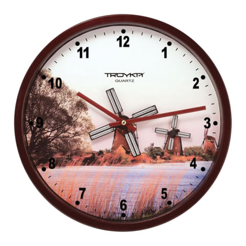 Часы настенные TROYKA 44031441, круг, белые с рисунком "Мельница", коричневая рамка, 29,5х29,5х5,4 см