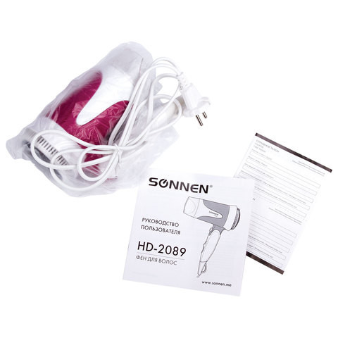 Фен SONNEN HD-2089, 1600 Вт, 2 скоростных режима, холодный воздух, складная ручка, белый/бордовый, 453502