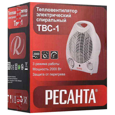 Тепловентилятор РЕСАНТА ТВС-1, 2000 Вт, 2 режима работы, белый