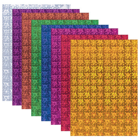 Цветная бумага А4 ГОЛОГРАФИЧЕСКАЯ, 8 листов 8 цветов, 80 г/м2, "СЕРДЕЧКИ", BRAUBERG, 124720