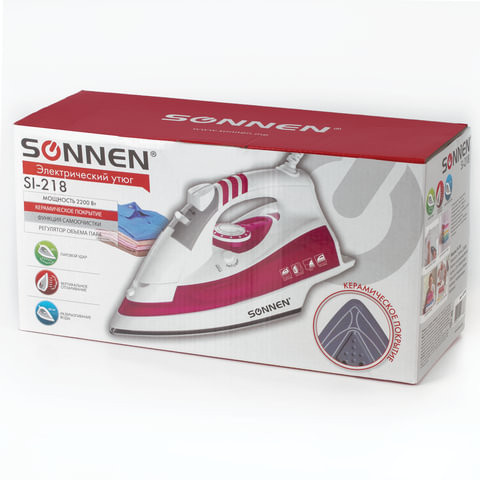 Утюг SONNEN SI-218, 2200 Вт, керамическое покрытие, паровой удар, бордовый/белый, 453506