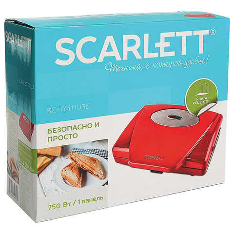 Тостер-сэндвичница SCARLETT SC-TM11036, 750 Вт, 4 тоста, механическое управление, пластик, красный, SC - TM11036