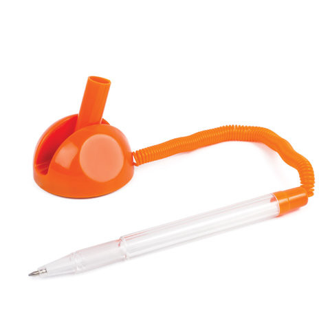 Ручка шариковая настольная BRAUBERG "Стенд-Пен", СИНЯЯ, пружинка, корпус оранжевый, линия письма 0,5 мм, 142163