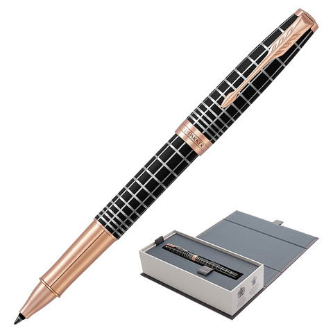 Ручка-роллер PARKER "Sonnet Premium Brown Rubber PGT", корпус коричневая смола с гравировкой, позолоченные детали, черная, 1931482