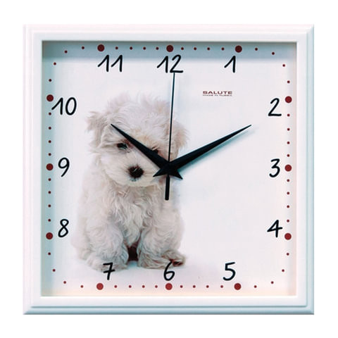 Часы настенные САЛЮТ П-2А7-391, квадрат, белые с рисунком "Щенок", белая рамка, 28х28х4 см