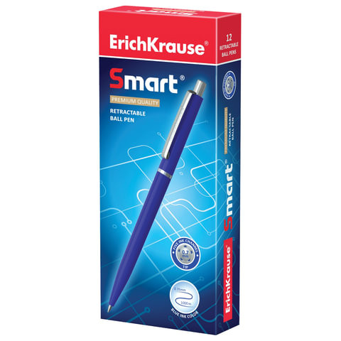 Ручка шариковая автоматическая ERICH KRAUSE "Smart", СИНЯЯ, корпус синий, узел 0,7 мм, линия письма 0,35 мм, 44967