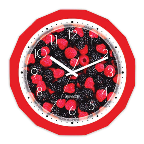 Часы настенные САЛЮТ П-Г1-190, многоугольник, с рисунком "Ягоды", красная рамка, 28х28х4 см