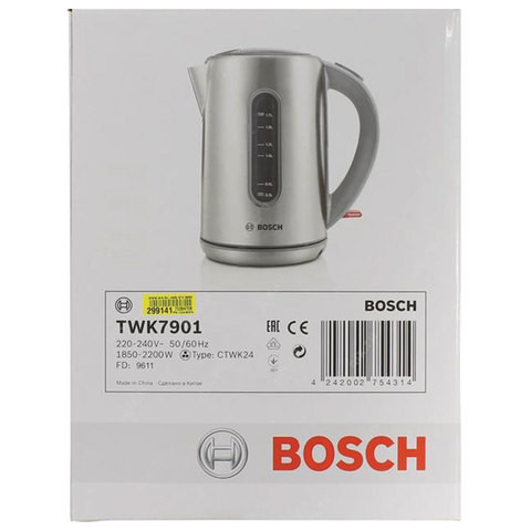 Чайник BOSCH TWK7901, 1,7 л, 2200 Вт, закрытый нагревательный элемент, нержавеющая сталь, серебристый