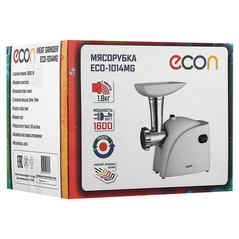 Мясорубка ECON ECO-1014MG, 1600 Вт, производительность 1,8 кг/мин, 1 насадка, реверс, пластик белая