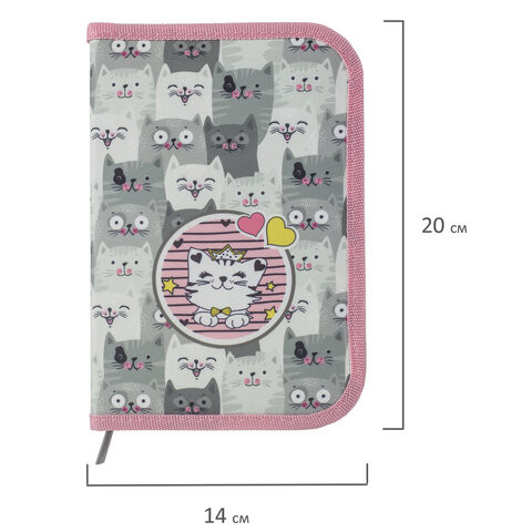 Пенал без наполнения BRAUBERG, 1 отделение, 2 откидные планки, ткань, 20х14 см, "Kittens", 229286