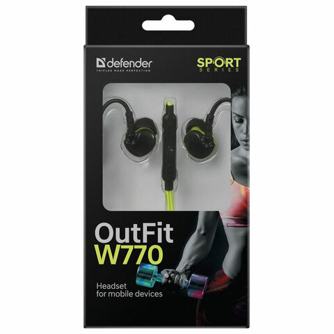 Наушники с микрофоном (гарнитура) вкладыши DEFENDER OutFit W770, проводные, 1,5 м, черные с желтым, 63770