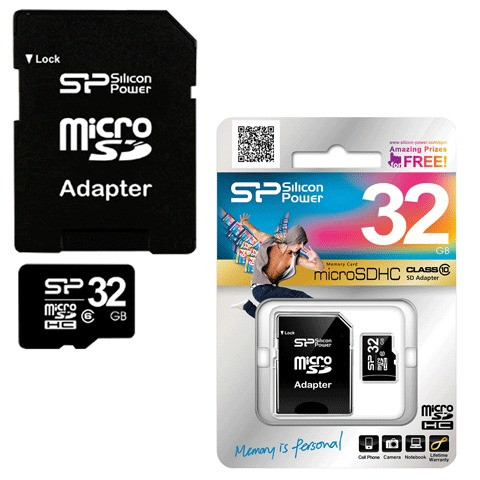Карта памяти micro SDHC, 32 GB, SILICON POWER, 10 Мб/сек. (class 10), с адаптером, SP032GBSTH010