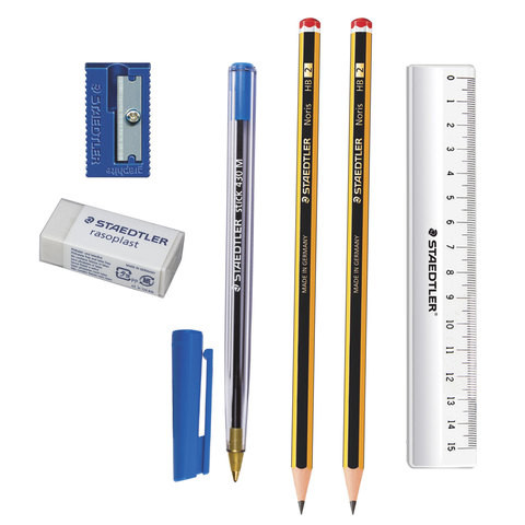 Набор STAEDTLER (Германия), ручка шариковая, карандаши чернографитные 2 шт. (НВ), резинка стирательная, точилка, линейка, 120SET BKD