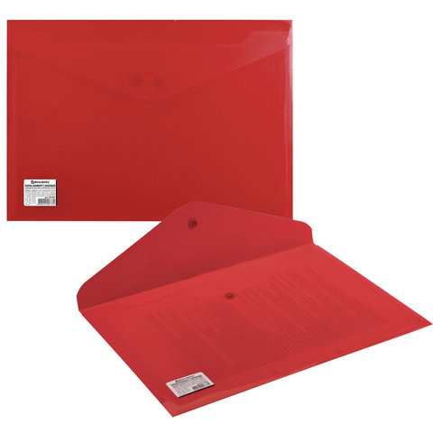 Папка-конверт с кнопкой BRAUBERG, А4, до 100 листов, непрозрачная, красная, СВЕРХПРОЧНАЯ 0,2 мм, 221364