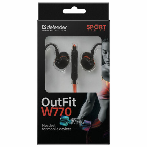 Наушники с микрофоном (гарнитура) вкладыши DEFENDER OutFit W770, проводные, 1,5 м, черные с оранжевым, 63772