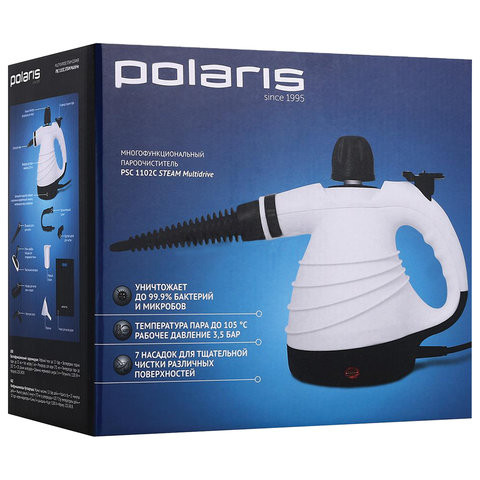 Пароочиститель POLARIS PSC 1102C STEAM, 1100 Вт, 3,5 бар, объем 0,27 л, 10 аксессуаров, черный/белый