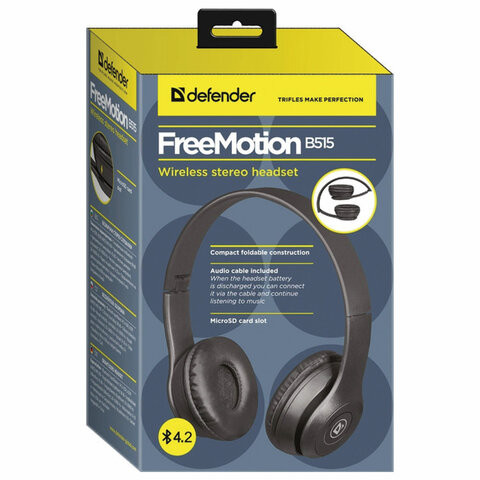 Наушники с микрофоном (гарнитура) DEFENDER FreeMotion B515, Bluetooth, беспроводные, с оголовьем, черные, 63515