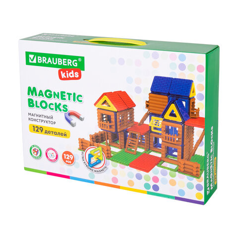 Магнитный конструктор MEGA MAGNETIC BUILD BLOCKS-129 "Построй дом", 129 деталей, BRAUBERG KIDS, 663850