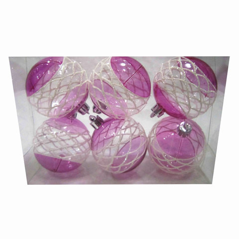 Шары елочные, НАБОР 6 шт., пластик, диаметр 6 см, с рисунком, цвет розовый (глянец), 59581