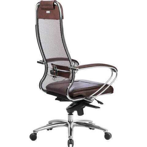 Кресло офисное МЕТТА "SAMURAI" SL-1, сверхпрочная ткань-сетка/кожа, темно-коричневое