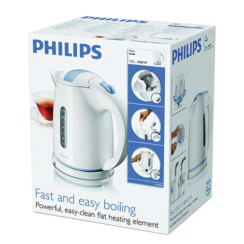 Чайник PHILIPS HD4646/70, 1,5 л, 2400 Вт, закрытый нагревательный элемент, пластик, белый/голубой