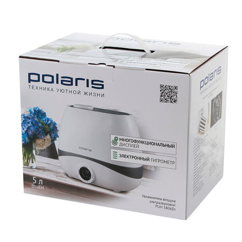 Увлажнитель POLARIS PUH 5806Di, объем бака 5,5 л, мощность 23 Вт, производительность 450 мл/ч, 55 м2, белый