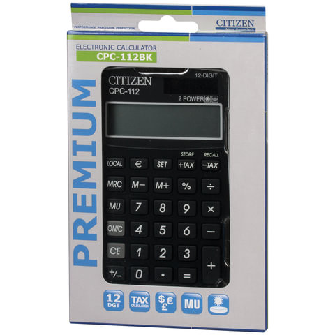 Калькулятор карманный CITIZEN CPC-112BKWB (120х72 мм) 12 разрядов, двойное питание, ЧЕРНЫЙ