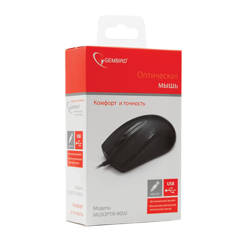 Мышь проводная GEMBIRD MUSOPTI9-905U, USB, 2 кнопки + 1 колесо-кнопка, оптическая, черная