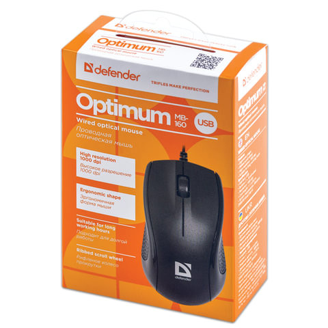 Мышь проводная DEFENDER Optimum MB-160, USB, 2 кнопки + 1 колесо-кнопка, оптическая, черная, 52160