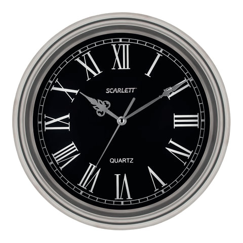 Часы настенные SCARLETT SC-27D, круг, черные, серебристая рамка, 33x33x5,2 см, SC - 27D
