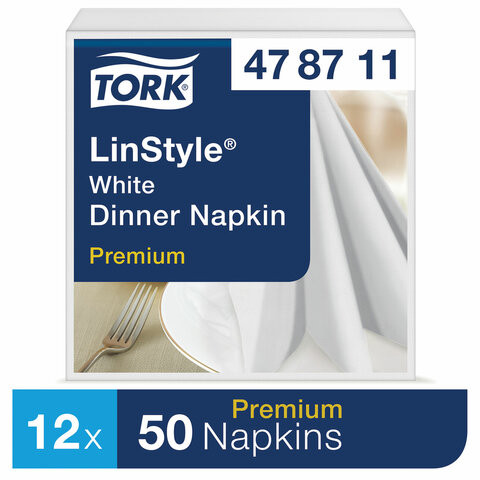 Салфетки бумажные нетканые сервировочные TORK LinStyle Premium, 39х39 см, 50 шт., белые, 478711