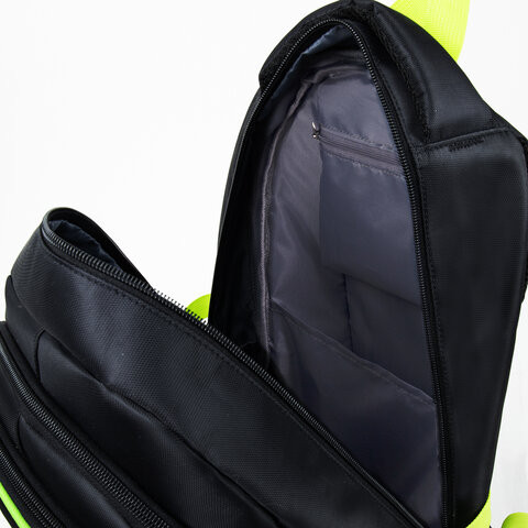 Рюкзак BRAUBERG универсальный, 3 отделения, черный, салатовые детали, 46х31х18 см, 270761