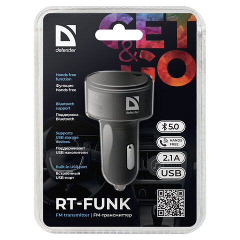 FM-трансмиттер DEFENDER RT-Funk, Bluetooth, USB 2.0, черный, 68011