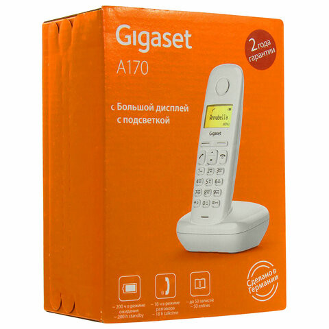 Радиотелефон GIGASET A170, память 50 номеров, АОН, повтор, часы, белый, S30852H2802S302