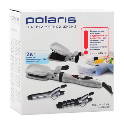 Мультистайлер для волос POLARIS PHS 2058KTi, 2 режима, 3 насадки, гофре/завивка, керамика, белый