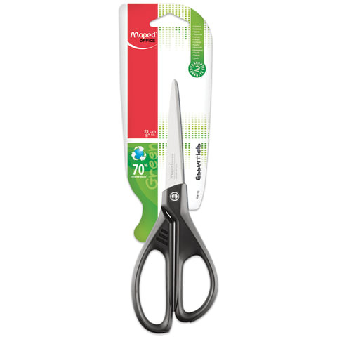 Ножницы MAPED (Франция) "Essentials Green", 210 мм, черные, эргономичные ручки, картонная упаковка с европодвесом, 468110