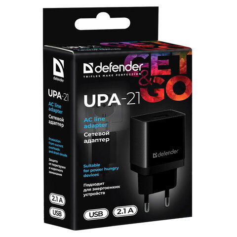 Зарядное устройство сетевое (220 В) DEFENDER UPA-21, 1 порт USB, выходной ток 2,1 А, черное, 83577