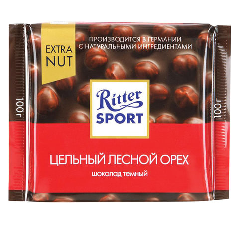 Шоколад RITTER SPORT "Extra Nut", темный, с цельным лесным орехом, 100 г, Германия, 7026