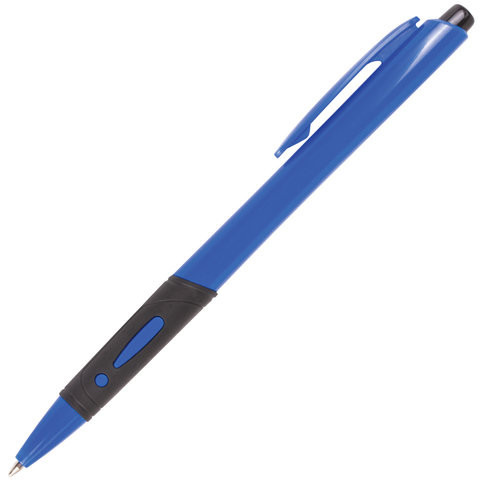 Ручка шариковая автоматическая с грипом STAFF, СИНЯЯ, корпус синий, узел 0,7 мм, линия письма 0,35 мм, 142492