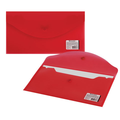 Папка-конверт с кнопкой МАЛОГО ФОРМАТА (250х135 мм), прозрачная, красная, 0,18 мм, BRAUBERG, 224030